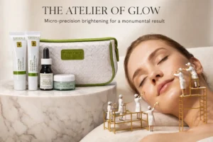 Eminence Organic Skin Care Bright Skin Starter Set with four travel-sized products in a white cosmetic bag.