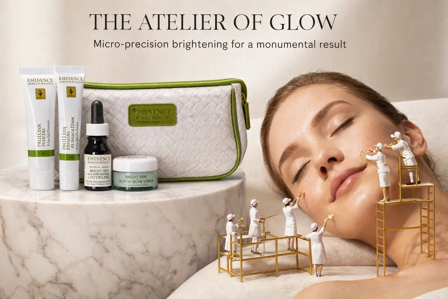 Eminence Organic Skin Care Bright Skin Starter Set with four travel-sized products in a white cosmetic bag.