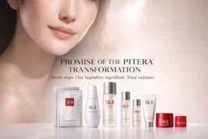 A seven-piece SK-II PITERA Brightening Set with red bottles, jars, and sheet masks on a polished surface.