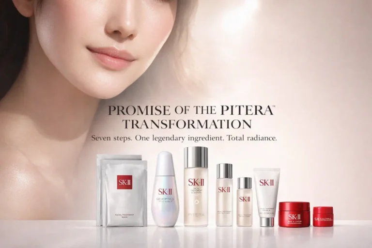 A seven-piece SK-II PITERA Brightening Set with red bottles, jars, and sheet masks on a polished surface.