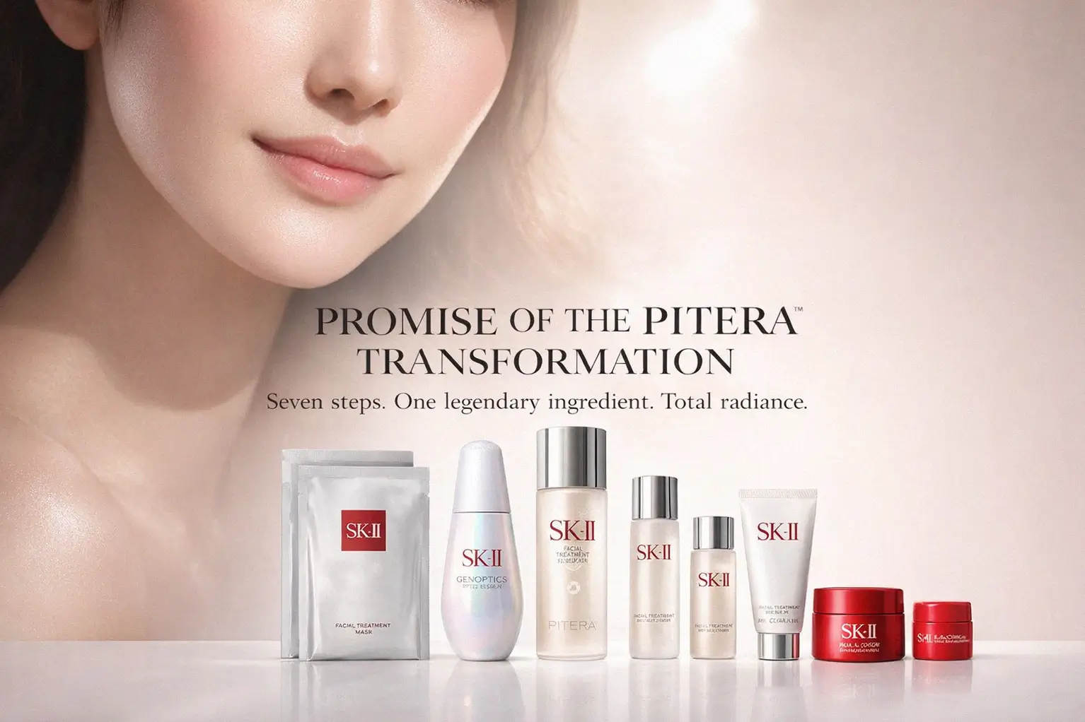 A seven-piece SK-II PITERA Brightening Set with red bottles, jars, and sheet masks on a polished surface.