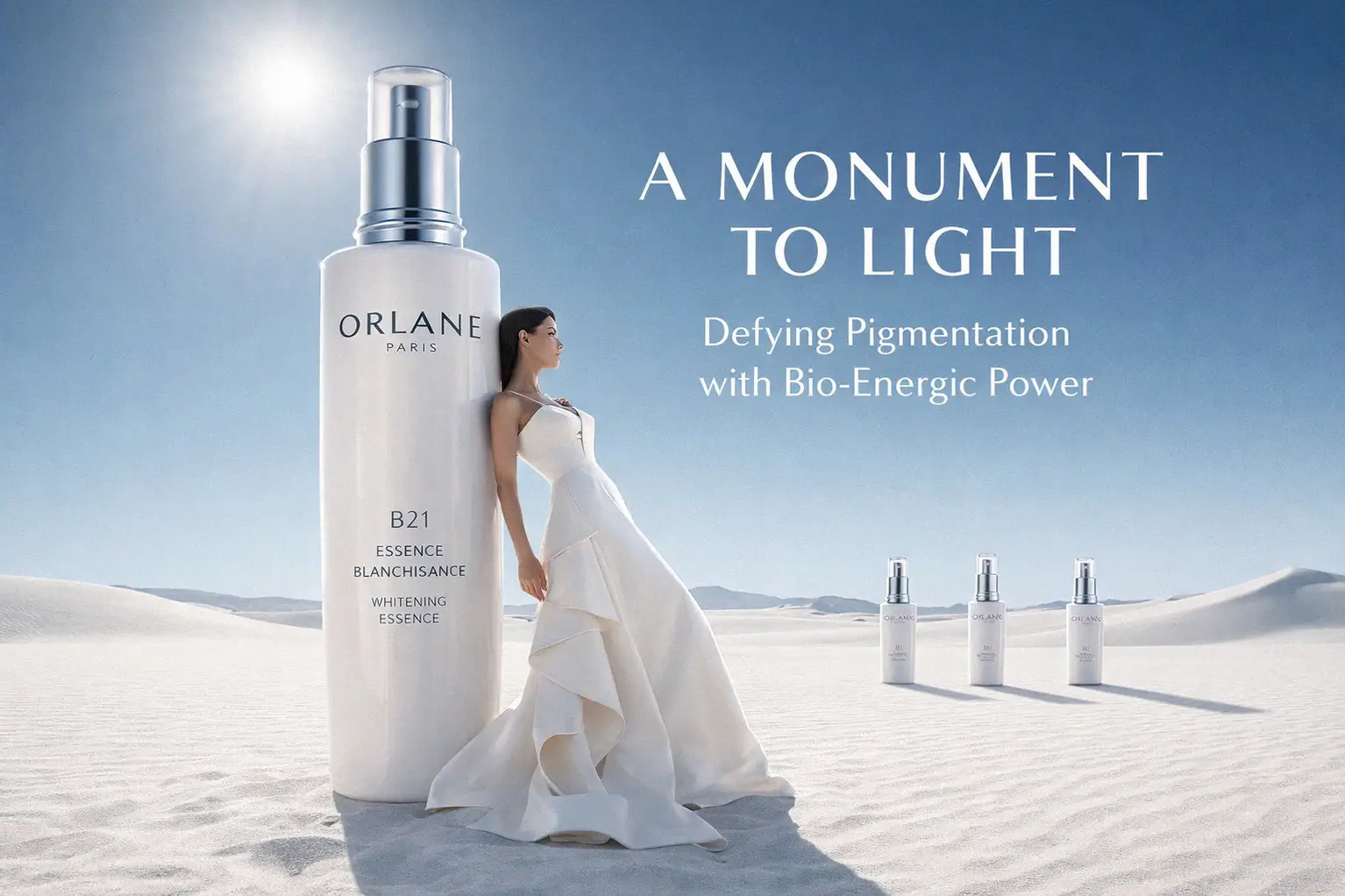 Set of four Orlane B21 Whitening Essence vials arranged on a clean, luxury skincare vanity shelf.