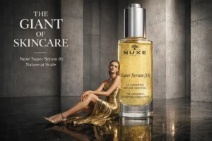 Clear glass bottle of Nuxe Super Serum 10 showing golden botanical oil spheres inside.