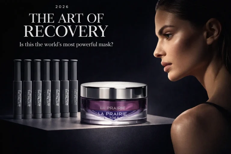 A luxury La Prairie Platinum Rare skincare set with 12 vials and a sleek purple refillable jar on a shelf.