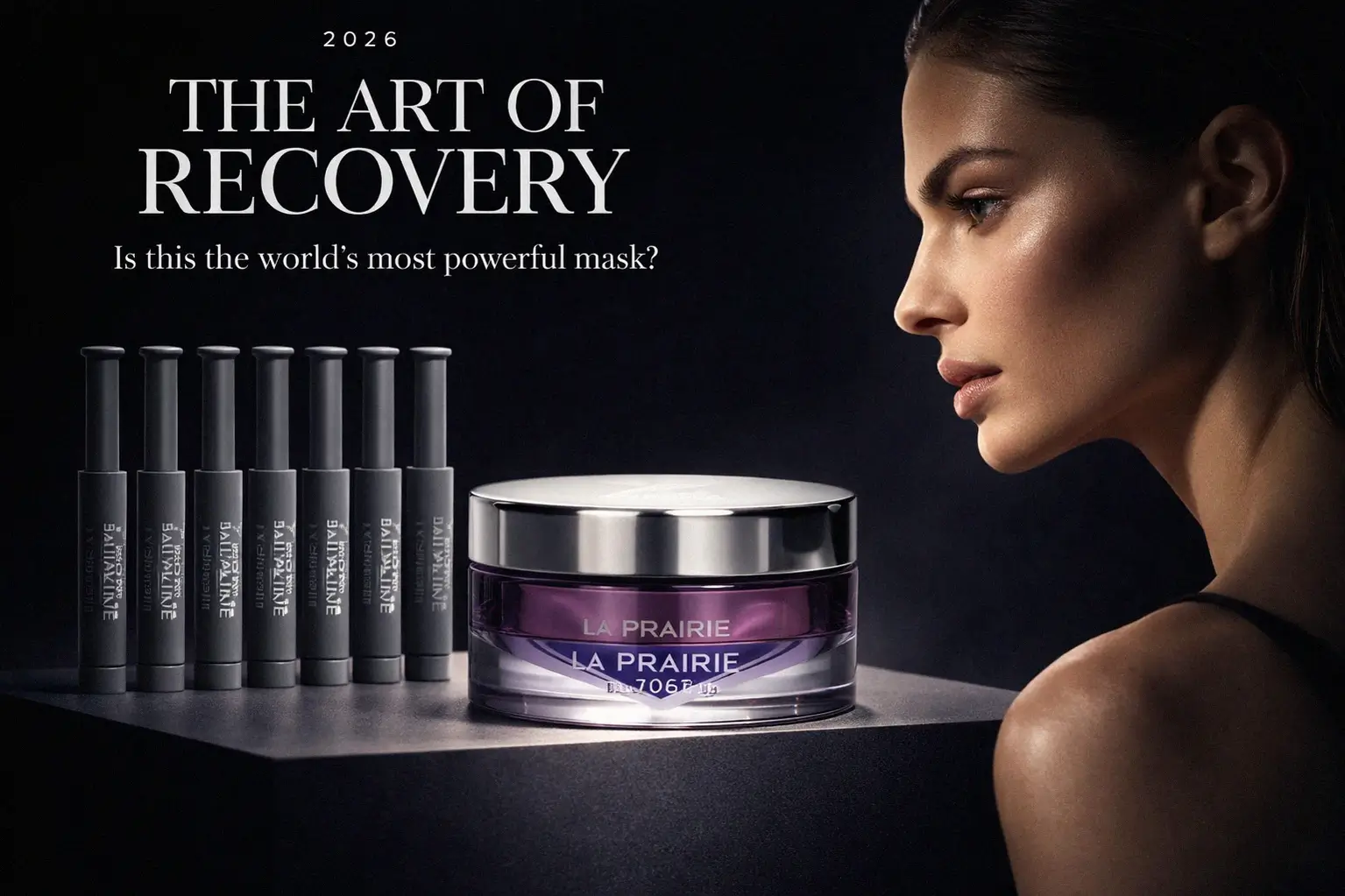 A luxury La Prairie Platinum Rare skincare set with 12 vials and a sleek purple refillable jar on a shelf.