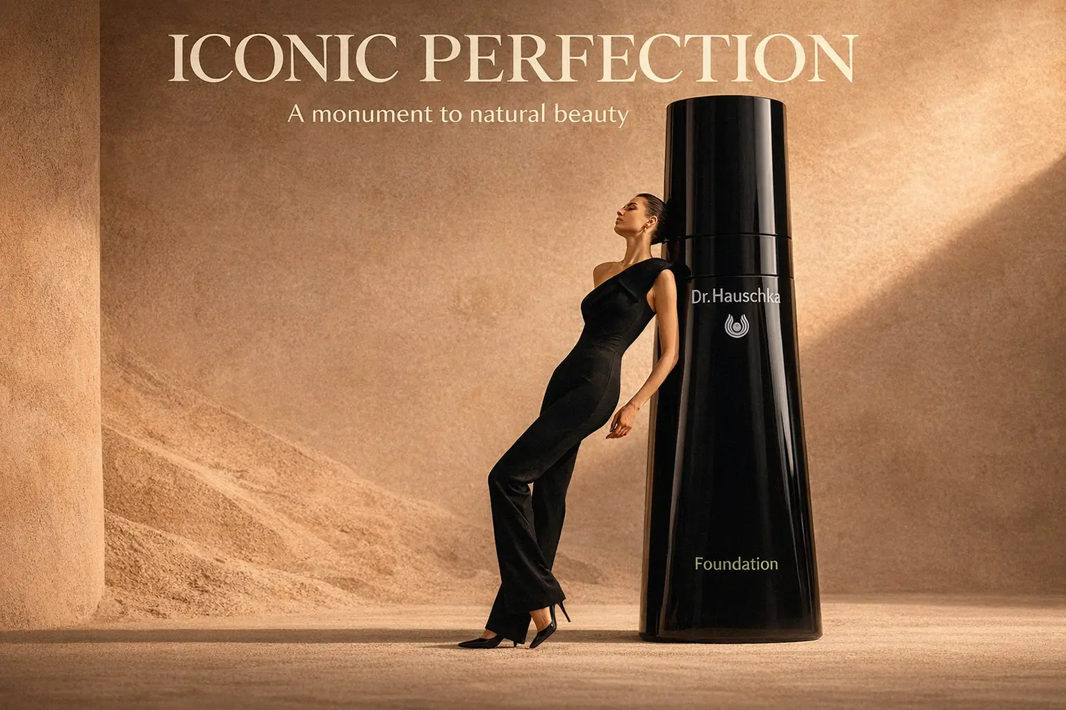 A sleek bottle of Dr. Hauschka Foundation standing on a white marble surface in soft morning light.