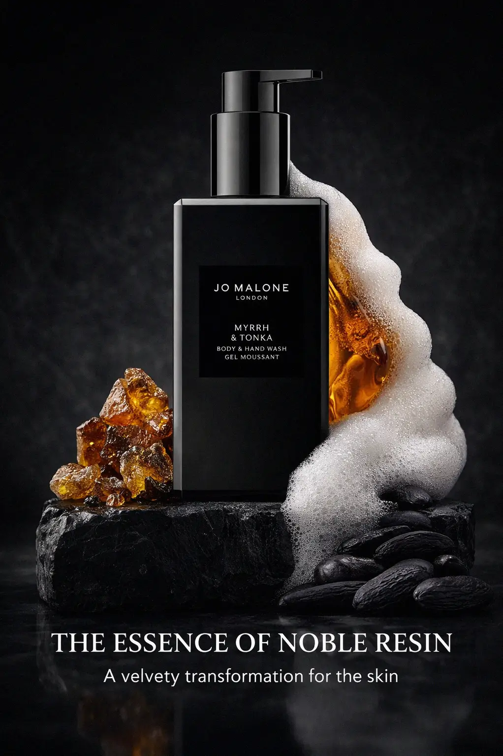 A polished bathroom shelf featuring the Myrrh & Tonka Body & Hand Wash