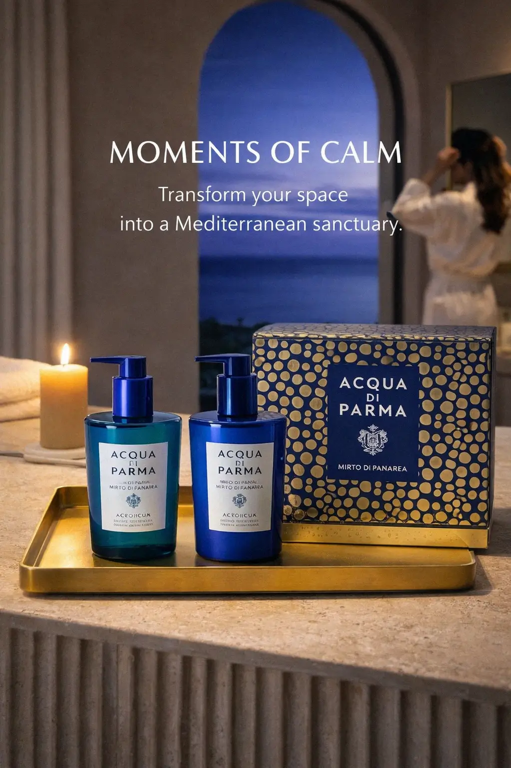 A polished bathroom vanity featuring the Mirto di Panarea Hand and Body Ritual Gift Set