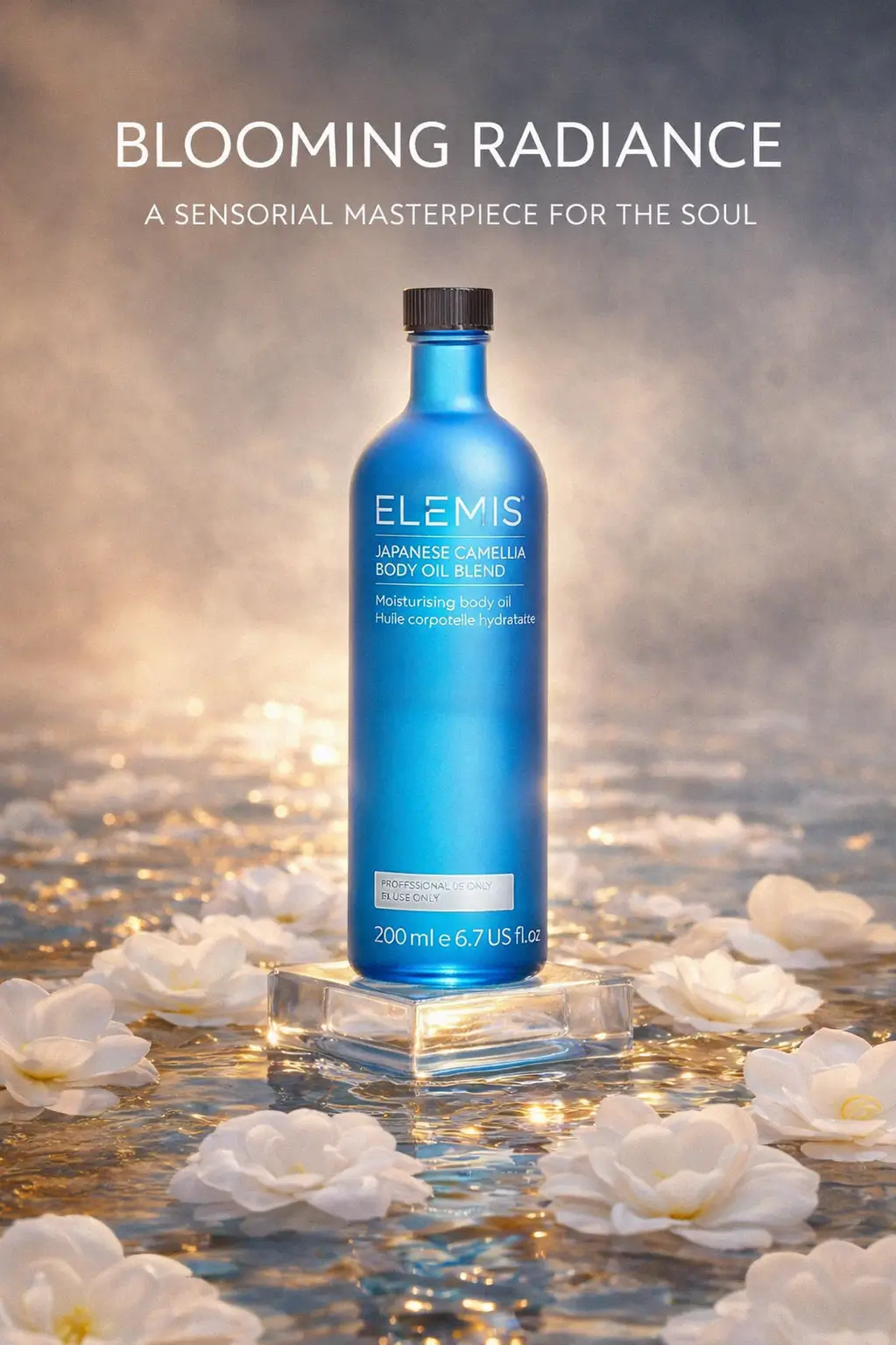Beauty editorial styling of Elemis body oil
