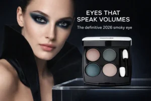 Portable black lacquer Chanel eyeshadow compact open showing four shades, mirror, and two foam applicators.