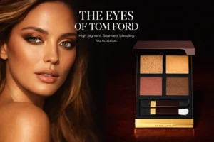 Sleek TOM FORD Eye Color Quad mirrored compact showing four coordinated eyeshadow shades and two applicators.