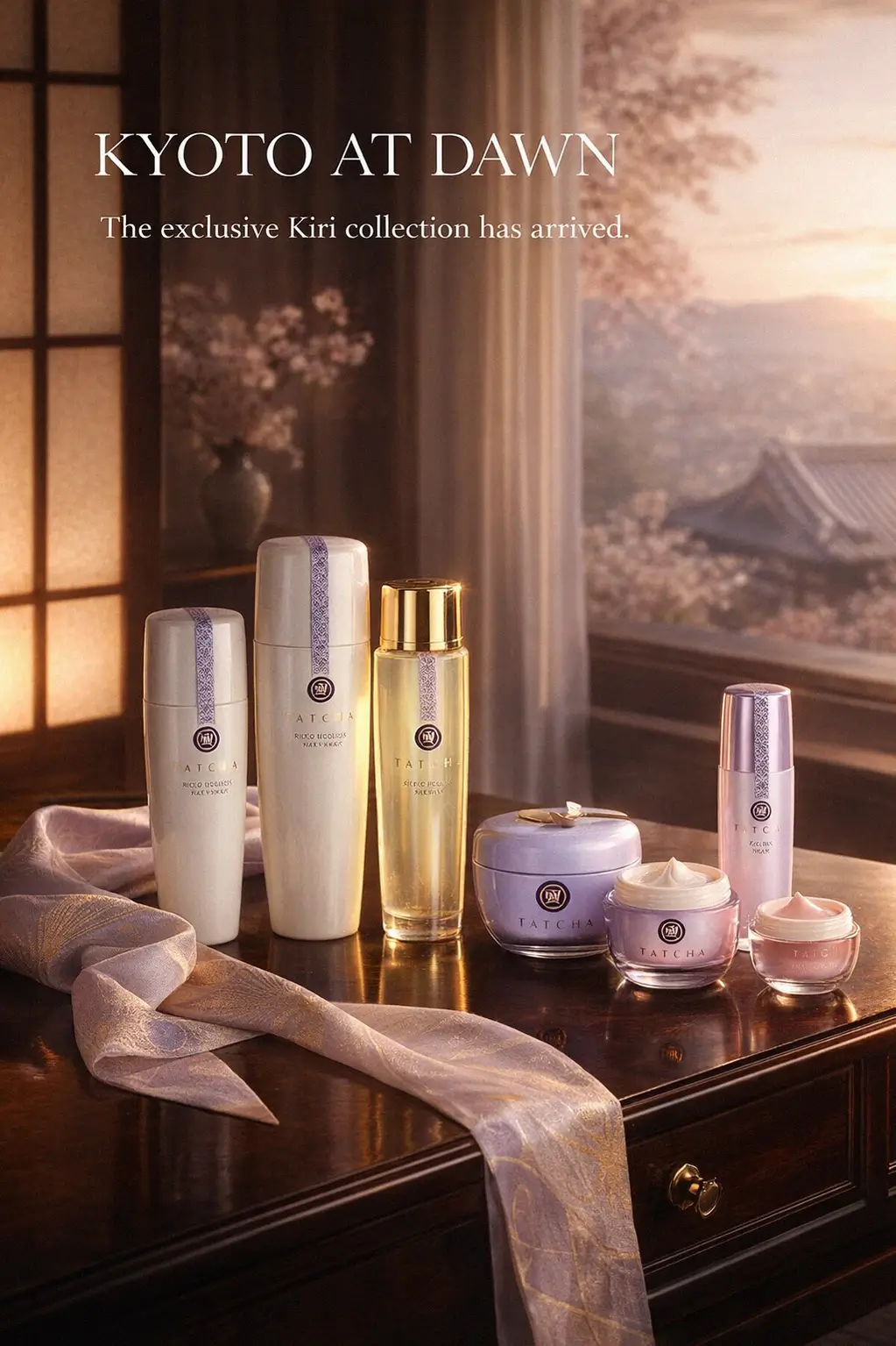 Tatcha skincare set on a white marble vanity