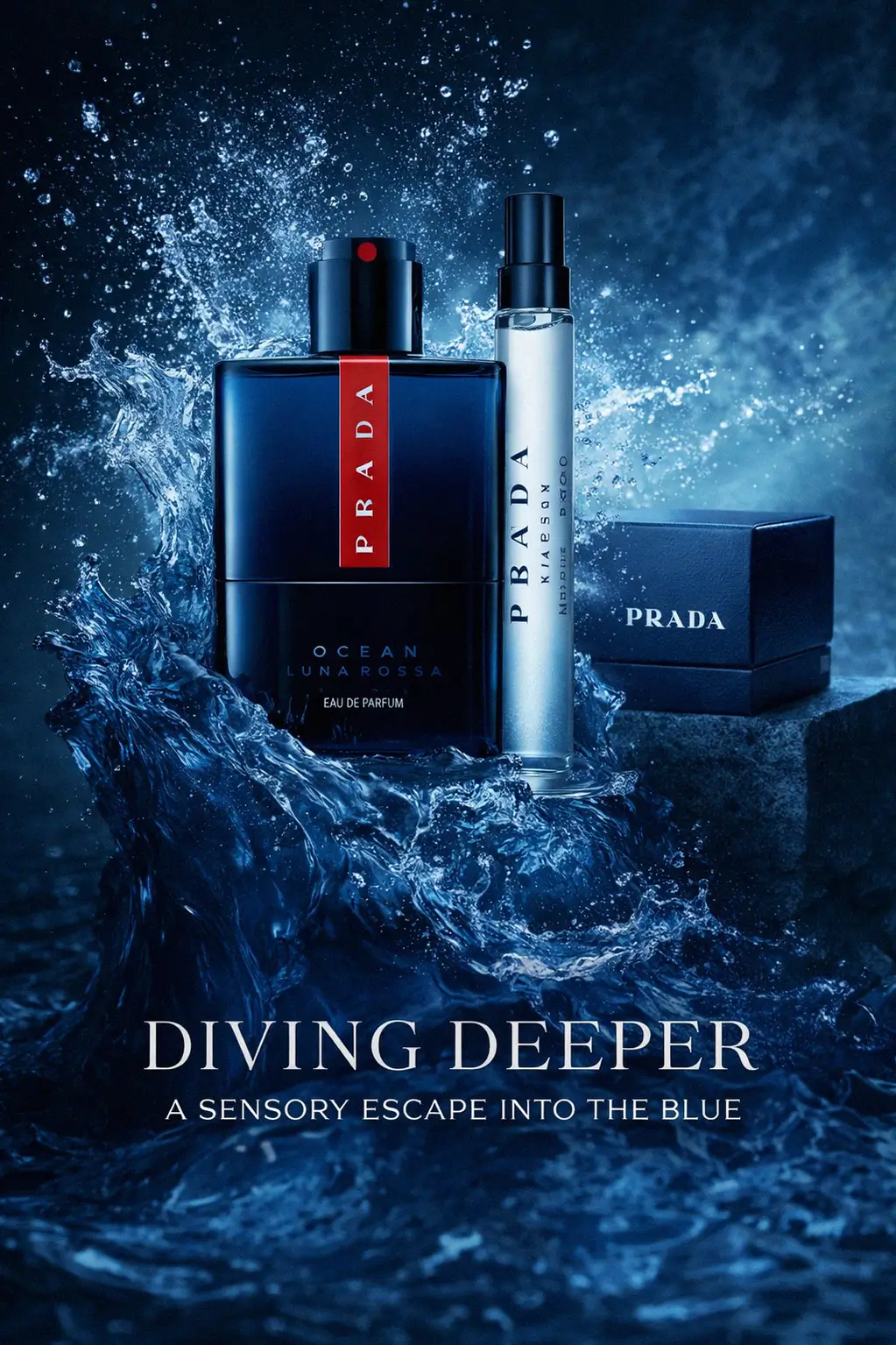 Prada Luna Rossa Ocean perfume bottle on a sleek vanity
