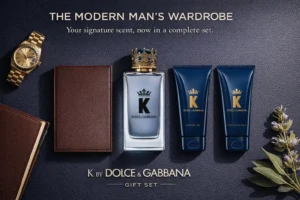 Three-piece K by Dolce & Gabbana gift set including cologne bottle, shower gel, and after shave balm.
