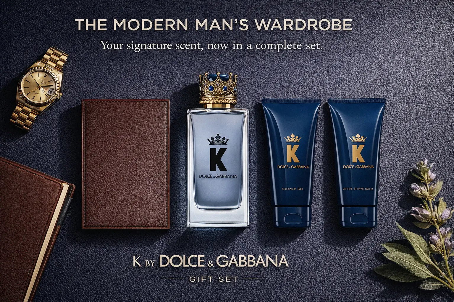 Three-piece K by Dolce & Gabbana gift set including cologne bottle, shower gel, and after shave balm.