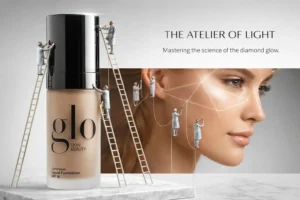 Glo Skin Beauty Luminous Liquid Foundation bottle on a marble surface with soft lighting.