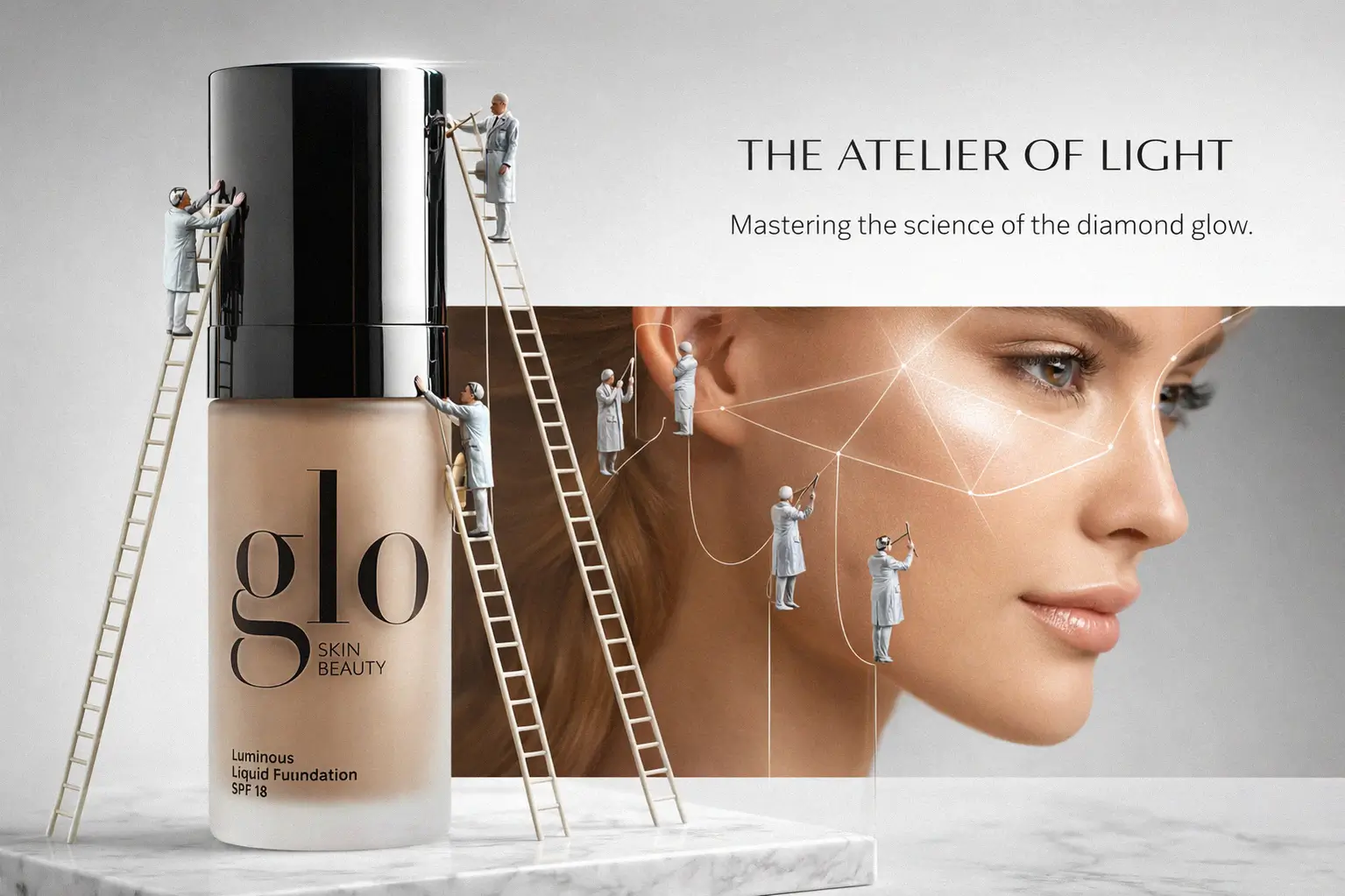 Glo Skin Beauty Luminous Liquid Foundation bottle on a marble surface with soft lighting.