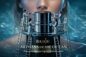 A sleek Babor SeaCreation The Serum pump bottle sits on a polished marble vanity top.