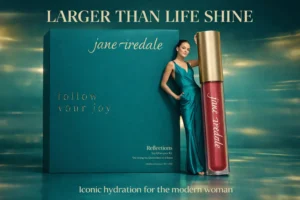 Three mini jane iredale lip gloss tubes in shades of mocha, rose, and berry in festive gold packaging.