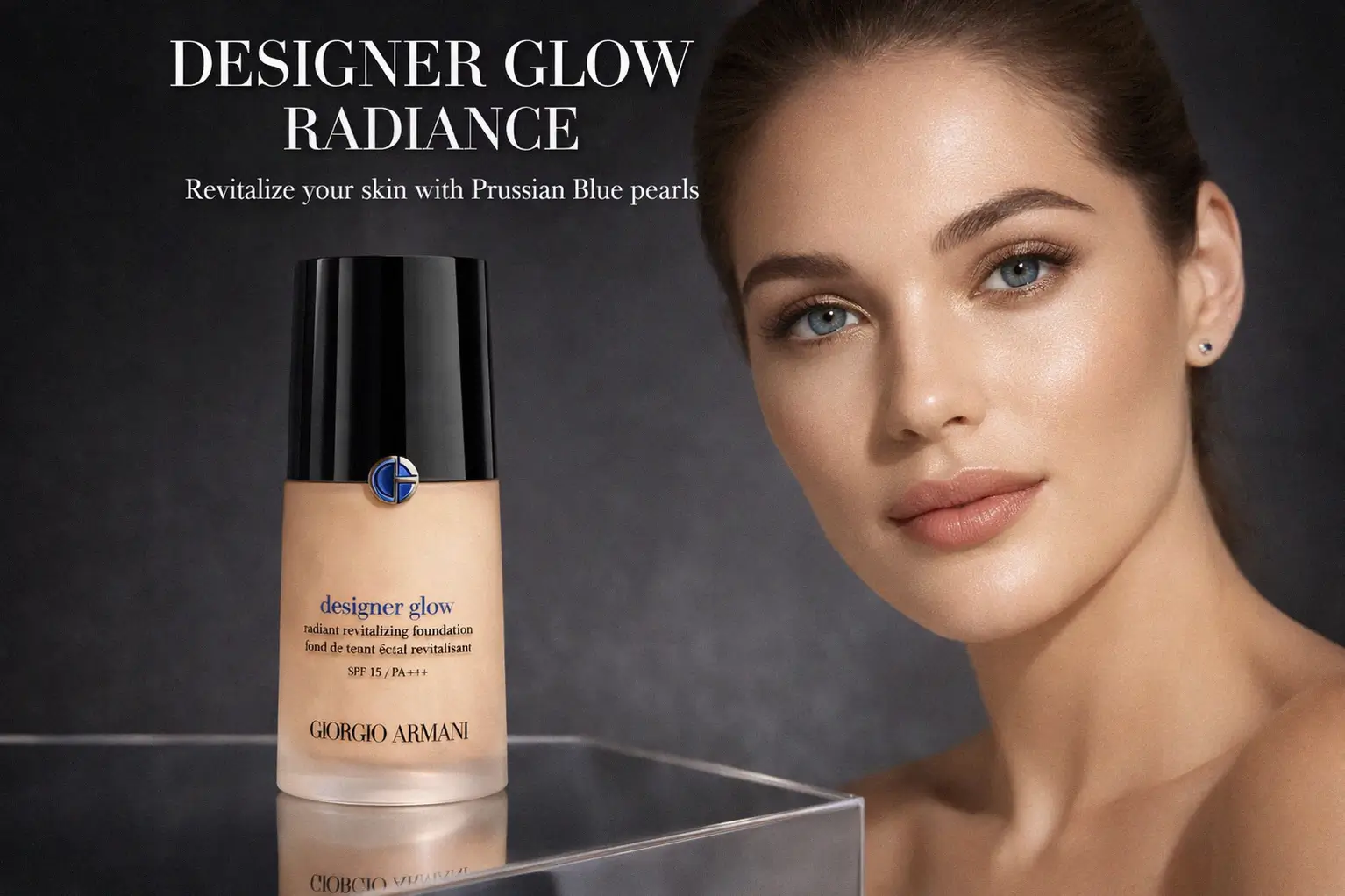 Giorgio Armani Designer Glow Radiant Revitalizing Foundation bottle on a sleek vanity with soft lighting.