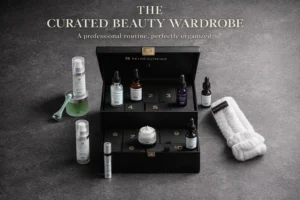 A premium leather keepsake trunk open to reveal a SkinCeuticals Holiday Skincare Advent Calendar set.