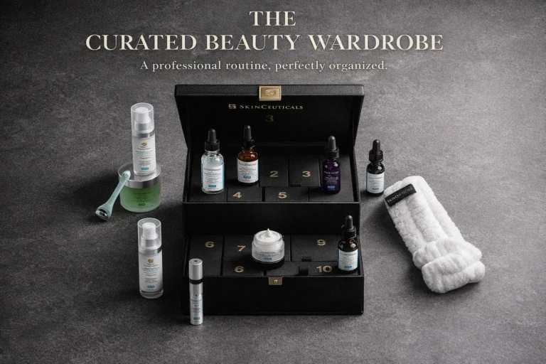 A premium leather keepsake trunk open to reveal a SkinCeuticals Holiday Skincare Advent Calendar set.