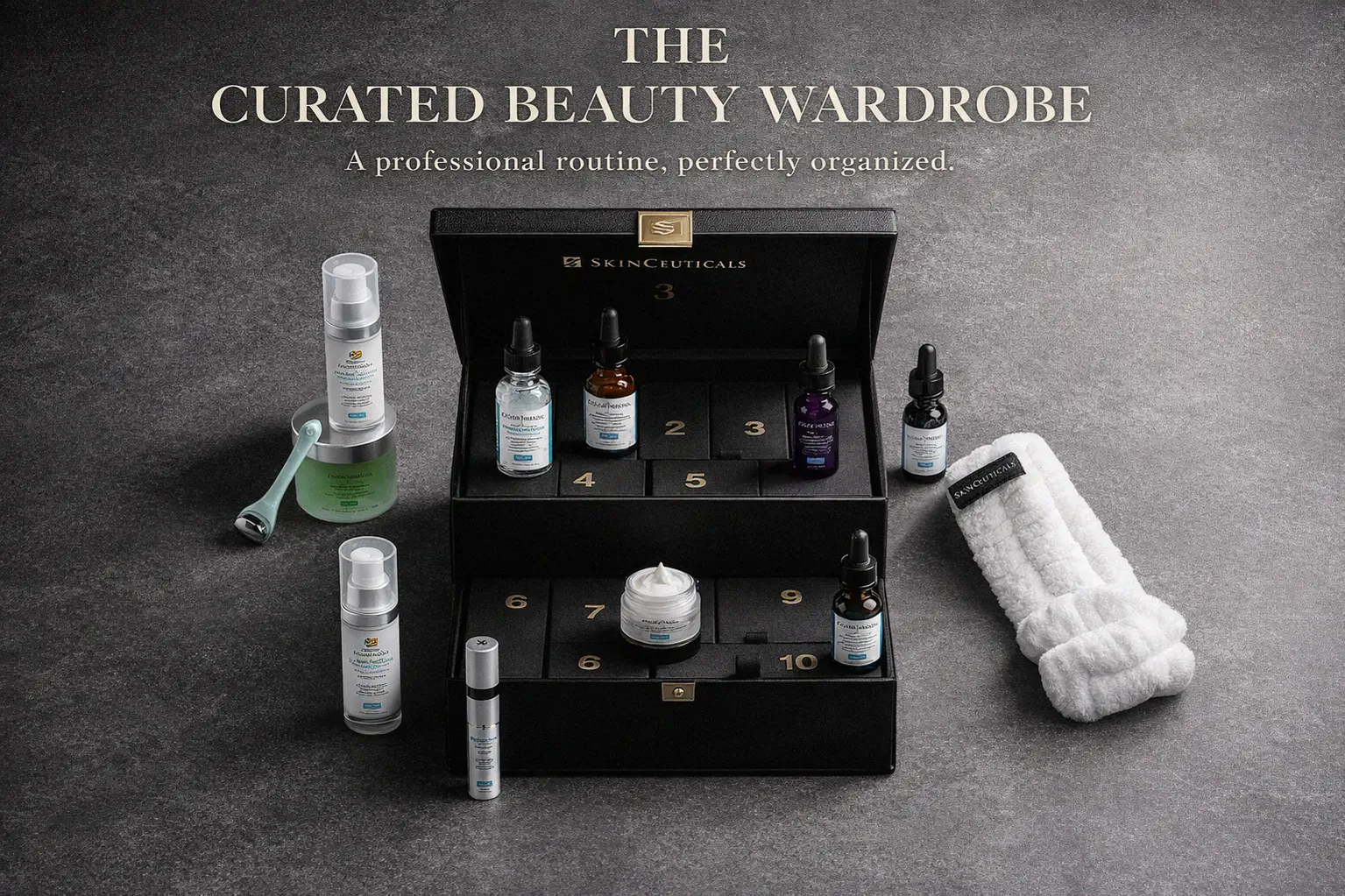 A premium leather keepsake trunk open to reveal a SkinCeuticals Holiday Skincare Advent Calendar set.