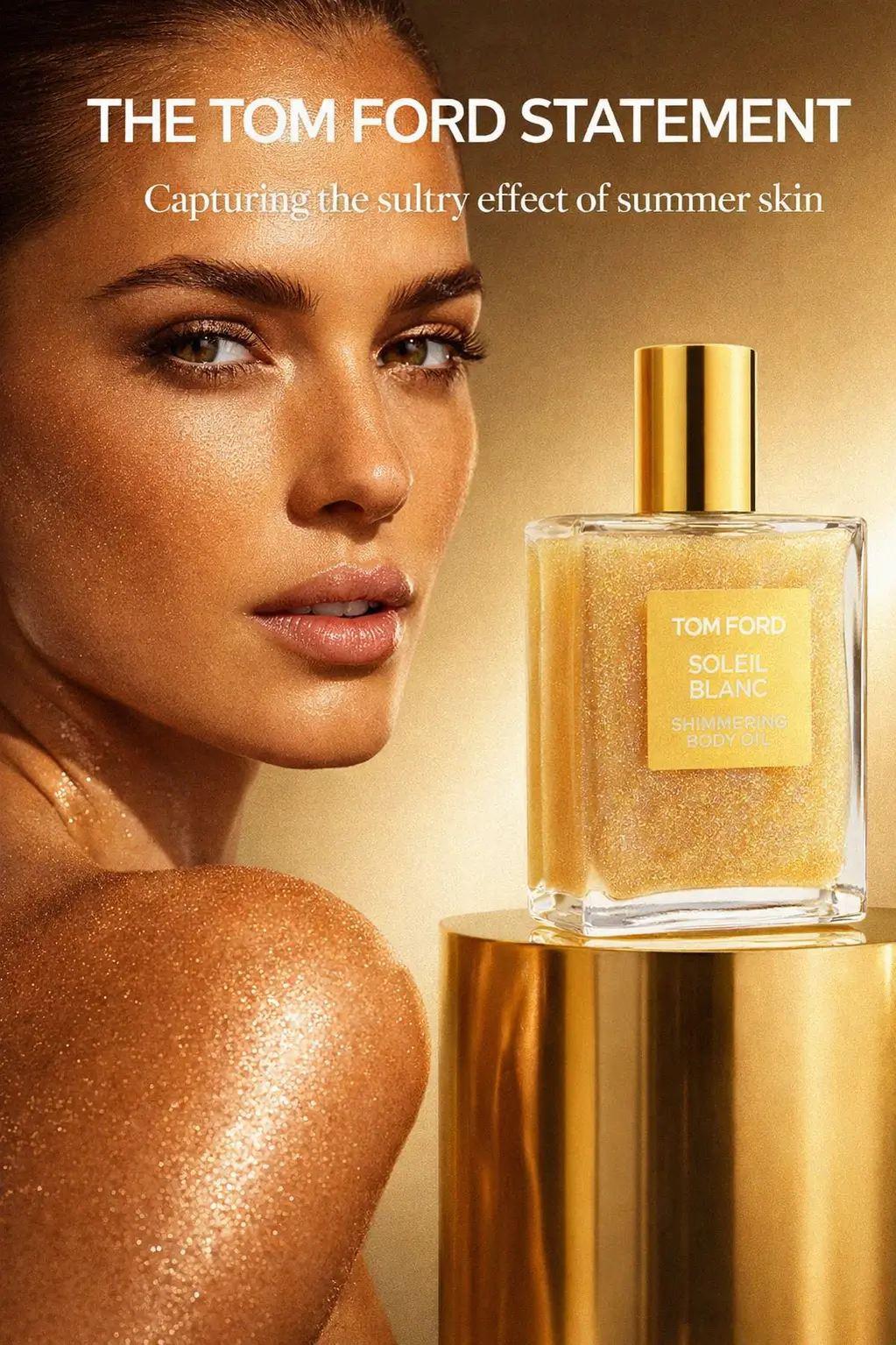 Golden light reflecting off skin with luxury shimmering body oil