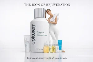 A luxury 7-piece skincare kit by Epicuren Discovery featuring various bottles in a travel bag.