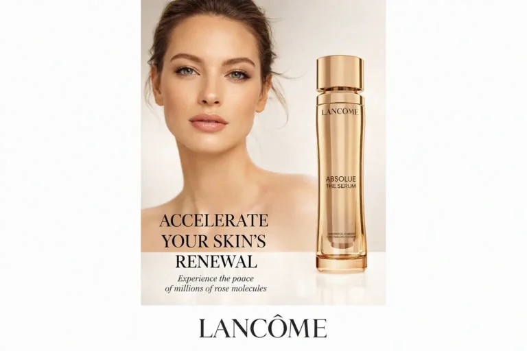Iridescent Lancome Absolue The Serum in a luxe gold refillable glass bottle on a polished surface.