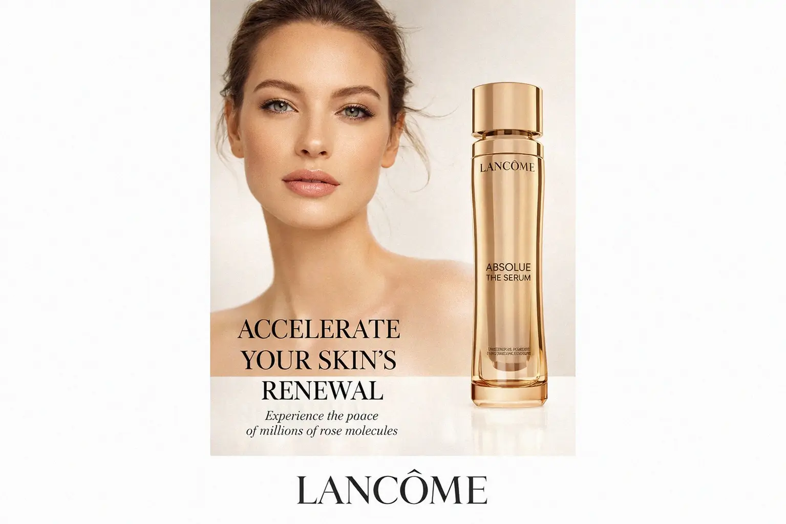 Iridescent Lancome Absolue The Serum in a luxe gold refillable glass bottle on a polished surface.