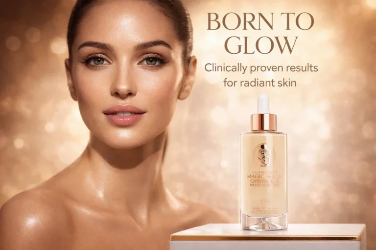 A bottle of Charlotte Tilbury Magic Serum Crystal Elixir on a polished vanity with a dropper showing clear serum.