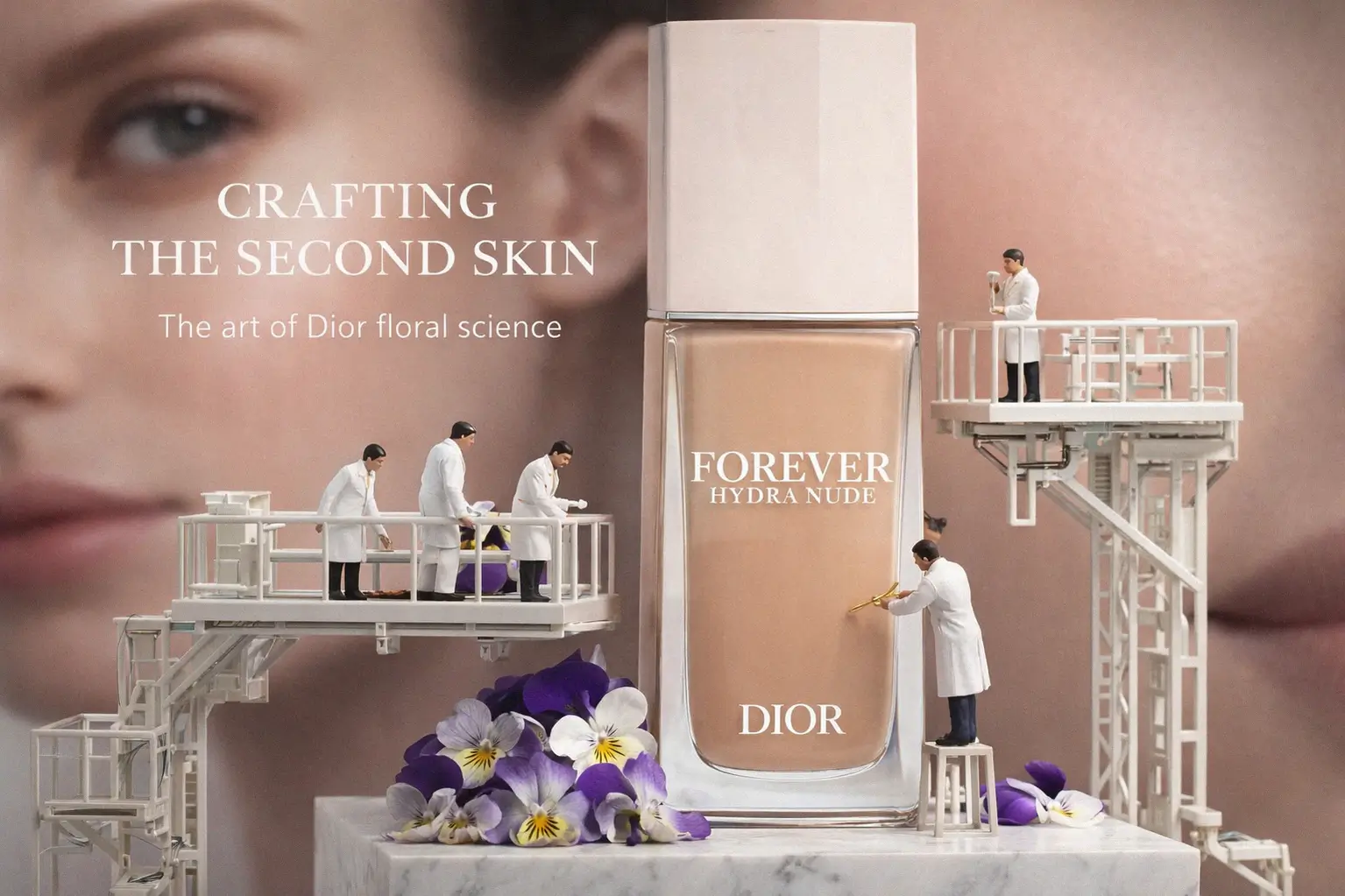 Clear glass bottle of Dior Forever Natural Nude foundation on a polished vanity surface.