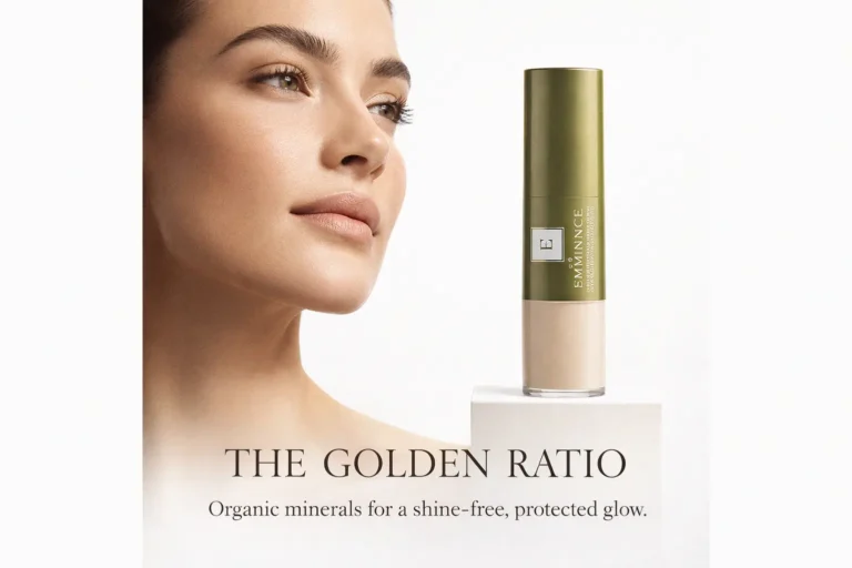 Eminence Sun Defense Minerals powder brush standing on a polished marble vanity.