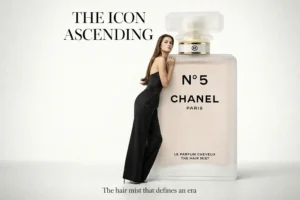Frosted glass bottle of CHANEL No.5 The Hair Mist on a polished marble vanity surface.