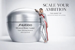 Shiseido Advanced Body Creator jar on a white marble surface with citrus accents.