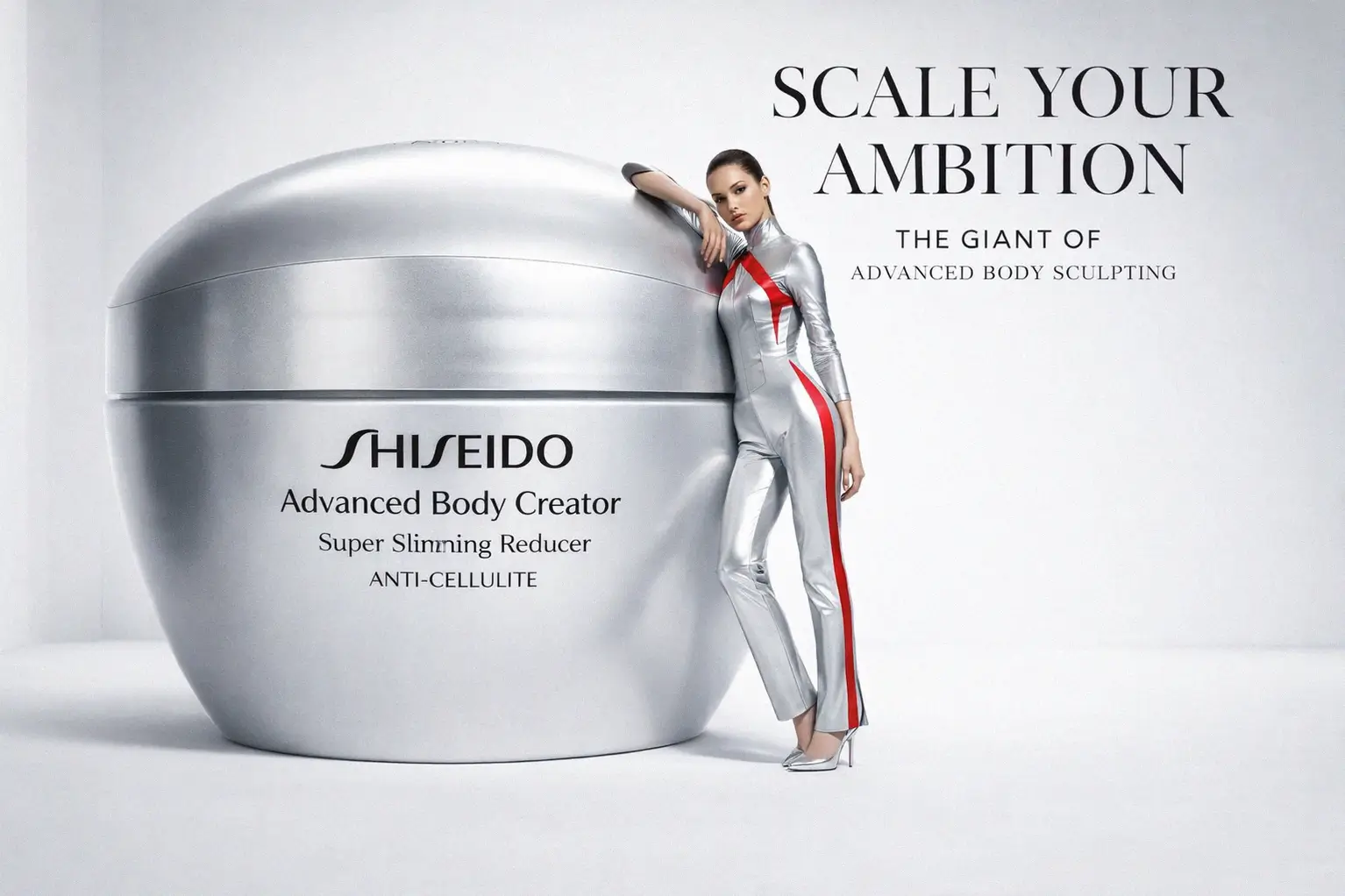 Shiseido Advanced Body Creator jar on a white marble surface with citrus accents.