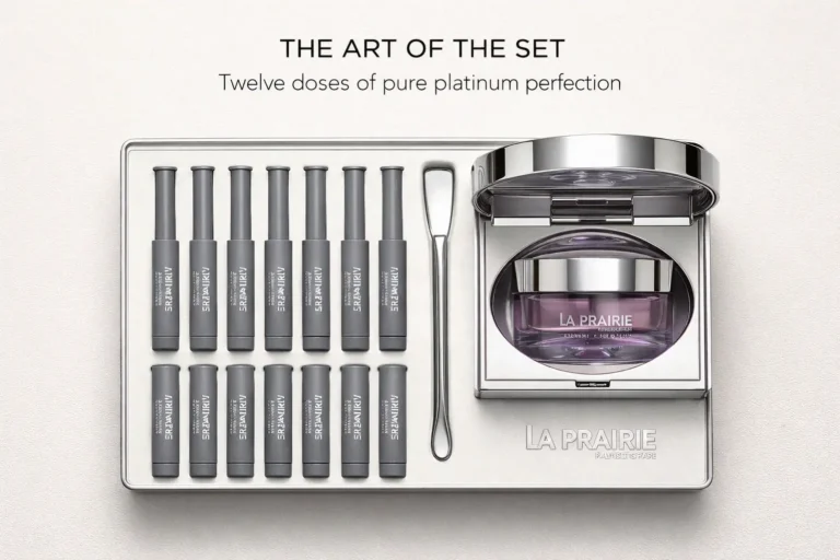 Twelve individual skincare doses of La Prairie Platinum Rare Treatment Mask arranged in a luxury gift set.