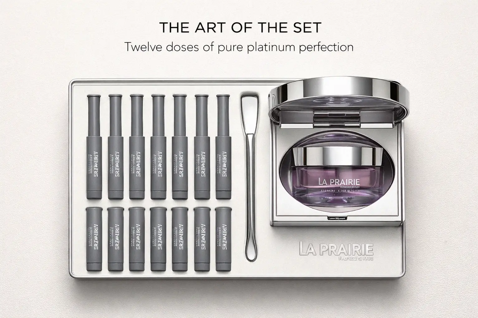 Twelve individual skincare doses of La Prairie Platinum Rare Treatment Mask arranged in a luxury gift set.
