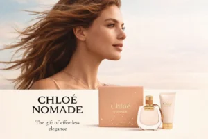 Chloé Nomade Eau de Parfum bottle and Body Lotion tube in an elegant gold-accented gift box.