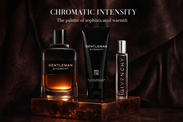 Three-piece Givenchy Gentleman Boisée set featuring a black glass bottle, travel spray, and shower gel.