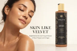 Philip B Chai Latte Body Wash bottle displayed on a marble bathroom counter with soft lighting.