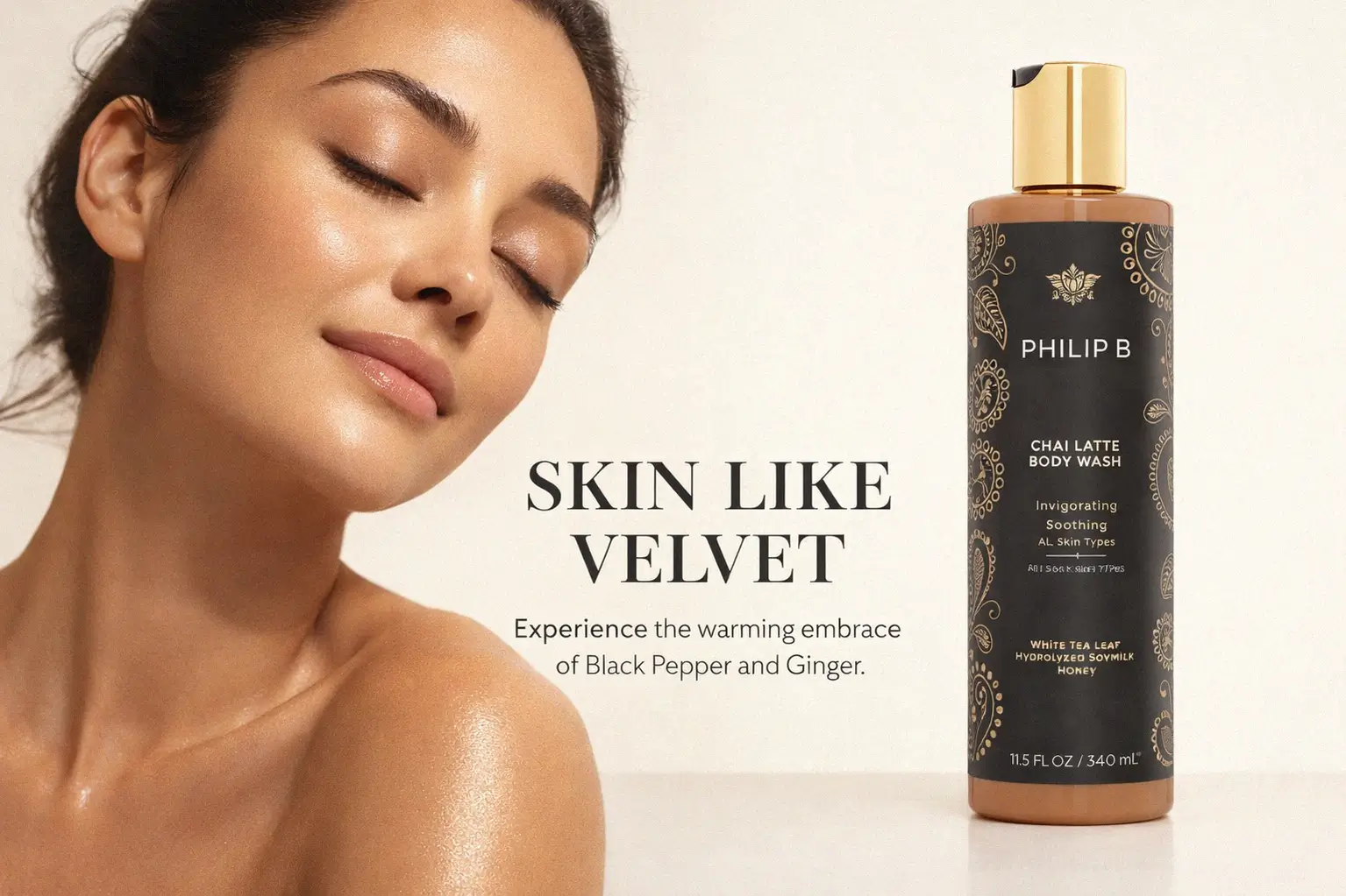 Philip B Chai Latte Body Wash bottle displayed on a marble bathroom counter with soft lighting.