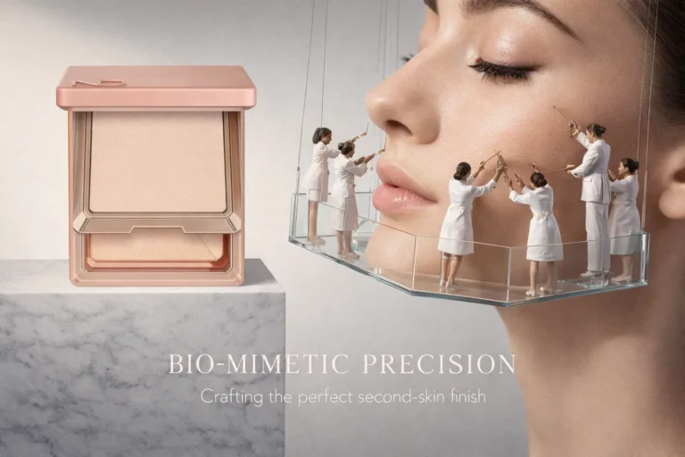 Elegant compact of Natasha Denona Hy-Glam Powder Foundation on a minimalist vanity surface.