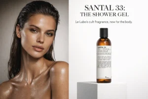 A bottle of Le Labo Santal 33 Perfuming Shower Gel on a white bathroom shelf.