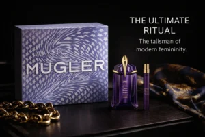 Two purple amethyst-style perfume bottles of different sizes against a clean background.