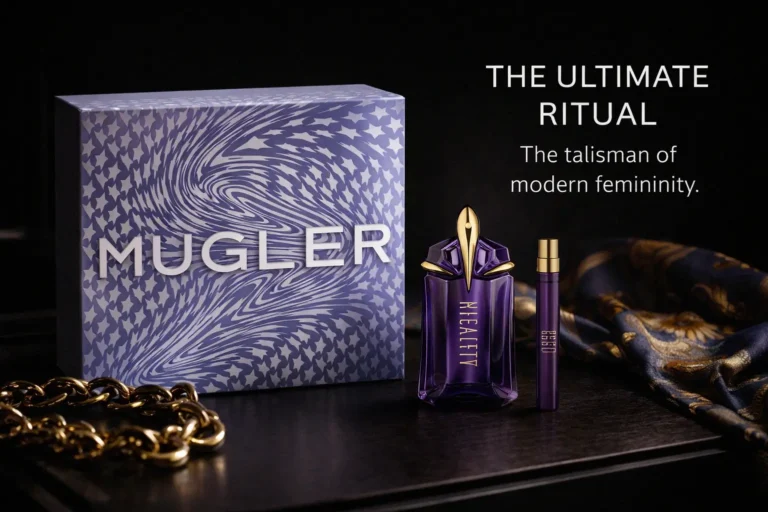 Two purple amethyst-style perfume bottles of different sizes against a clean background.