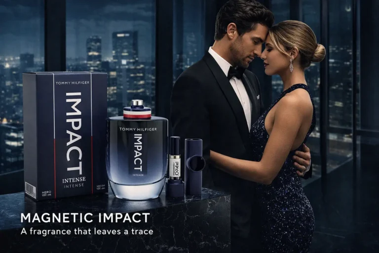 A Tommy Hilfiger Impact Intense gift set with a full-size blue bottle and a matching small travel-size mini.