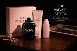 Coach New York perfume gift set featuring a large glass bottle, body lotion, and travel spray.
