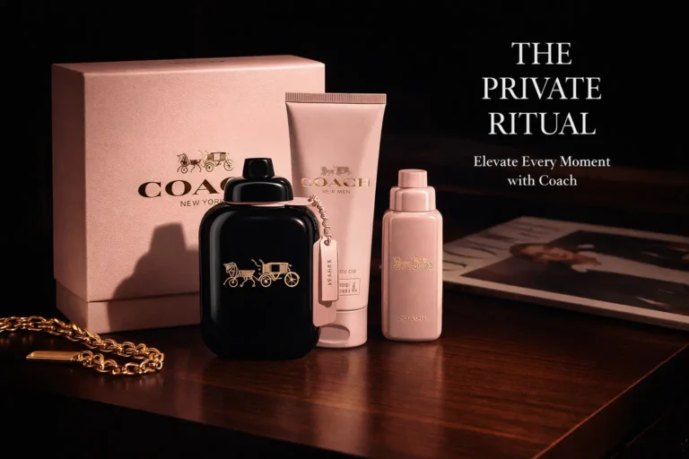 Coach New York perfume gift set featuring a large glass bottle, body lotion, and travel spray.